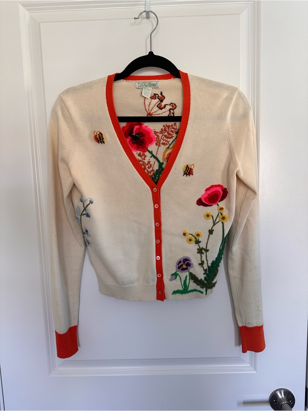 Vintage Lucky Brand Cream V-Neck Cardigan w/ Orange Trim & Floral Embroidery - Picture 2 of 16